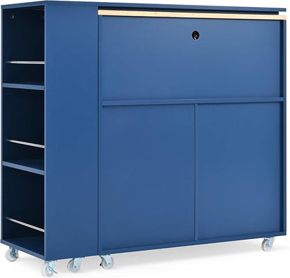 Rolling Kitchen Island with Extended Table and Power Outlets 2 Fluted Glass Doors Storage Compartment 3 Side Open Shelves Practical(Blue)