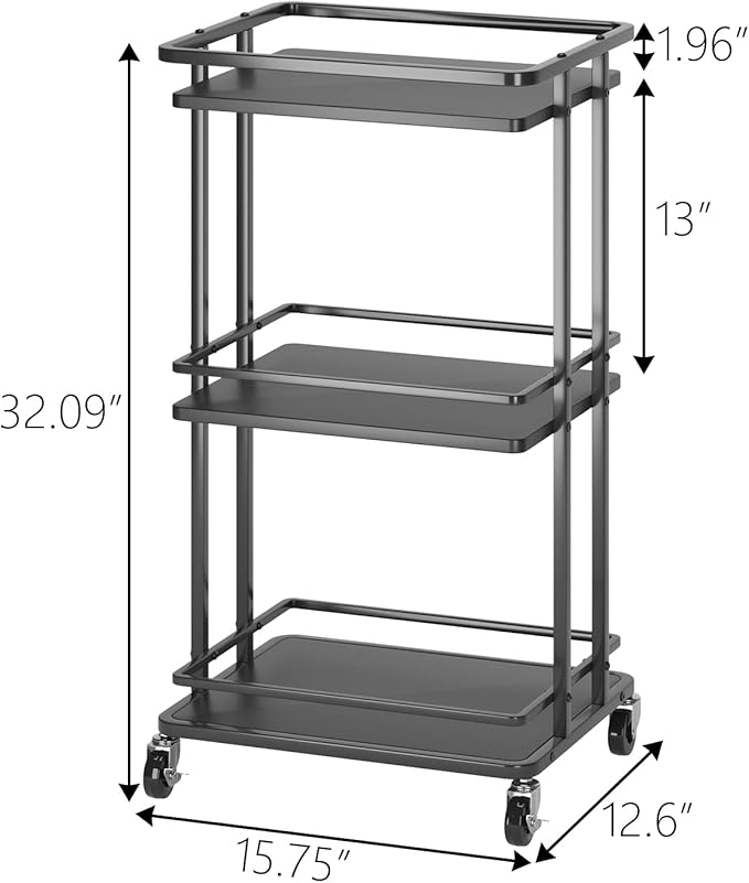 XYZLVSI 3-Tier Rolling Serving Bar Cart, Wood and Metal Kitchen Island Storage Cart with Wheels, Multifunction Utility Cart Storage Rack for Home, Kitchen, Bar, Dinning Room, Living Room (Black)