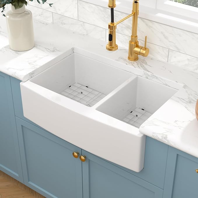 Sarlai 33 Double White Farmhouse Sink - 33 x 21 Inch Kitchen Sink Apron Front Double Bowl 60/40 White Porcelain Ceramic Fireclay Kitchen Farm Sinks Basin