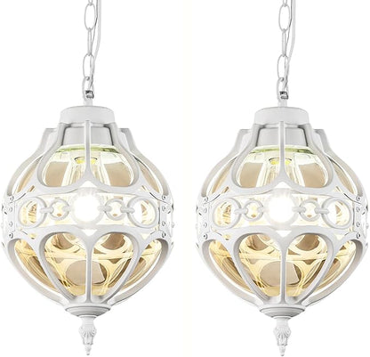 Globe Outdoor Pendant Lights, White Aluminum Waterproof Hanging Light Fixture for Porch Entryway Hallway, Vintage Round Exterior Chandelier, Outside Pendant Lamp with Amber Glass, 2 Pack