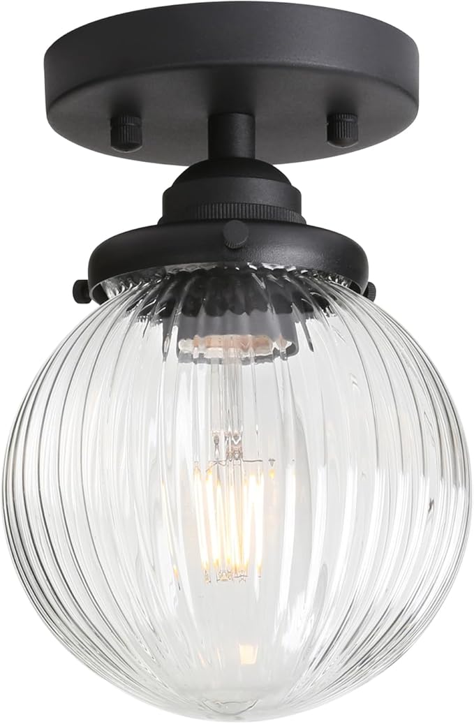 Yosoan 1-Light Indoor Flush Mount Hallway Ceiling Light, Single Modern Hardwired Vintage Industrial Retro Textured Striped Round Shade Farmhouse Lamp for Corridor Kitchen Bathroom Bedroom(Black)
