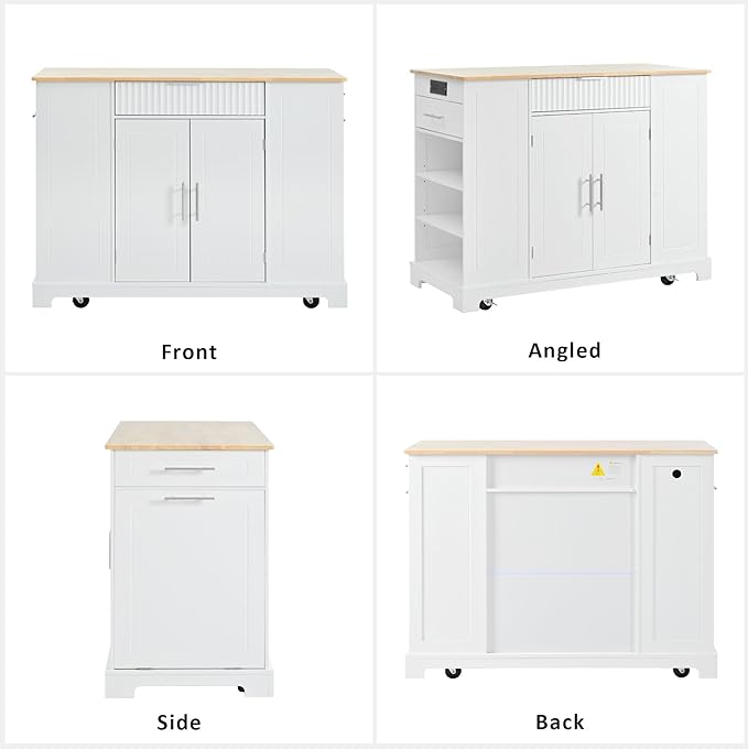 Merax Fluted Kitchen Island with Trash Can Storage Cabinet, Power Outlet, Internal Storage Rack, Rolling Kitchen Storage Cart on 5 Wheels with 3 Drawer, 3 Open Side Racks, White