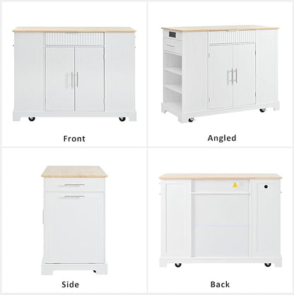 Merax Fluted Kitchen Island with Trash Can Storage Cabinet, Power Outlet, Internal Storage Rack, Rolling Kitchen Storage Cart on 5 Wheels with 3 Drawer, 3 Open Side Racks, White