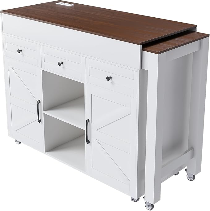 74.8" Kitchen Island with Extendable Dining Table & Power Outlet - Rolling Storage Cart on Wheels with 3 Drawers & 2 Door Cabinet for Dining Room