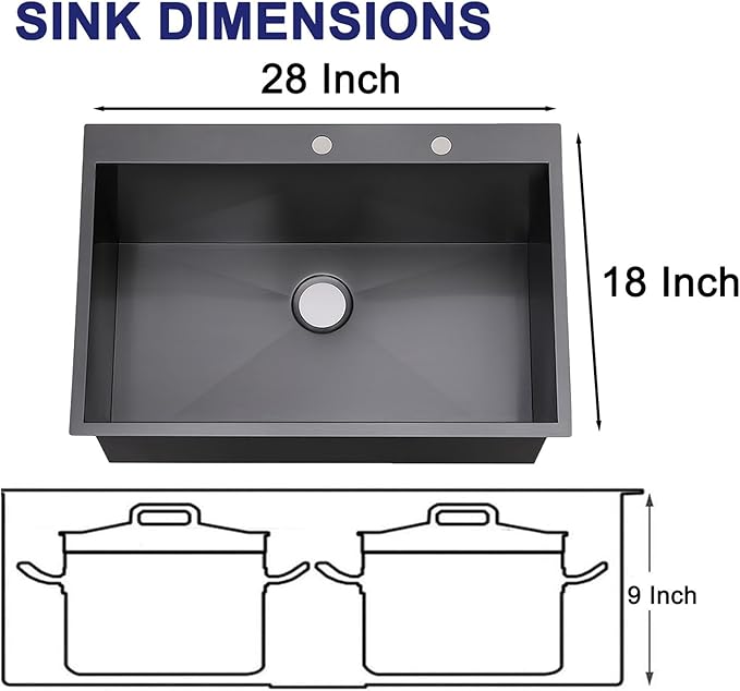 VAPSINT 28 Inch Black Drop In Kitchen Sink, 28x18 Inch Top Mount 16 Gauge Comemercial Stainless Steel Gunmetal Black Handmade Single Bowl Sink for Kitchen with Drain Strainer & Grid
