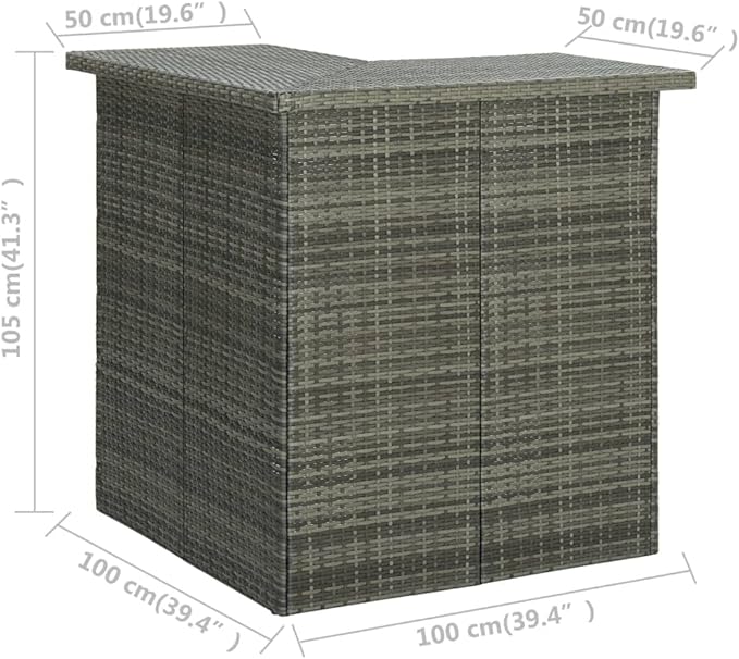Corner Bar Table Gray Rectangular Synthetic Rattan and Steel Space-Saving Design with Storage Shelves for Dining Room Kitchen Indoor Outdoor Use