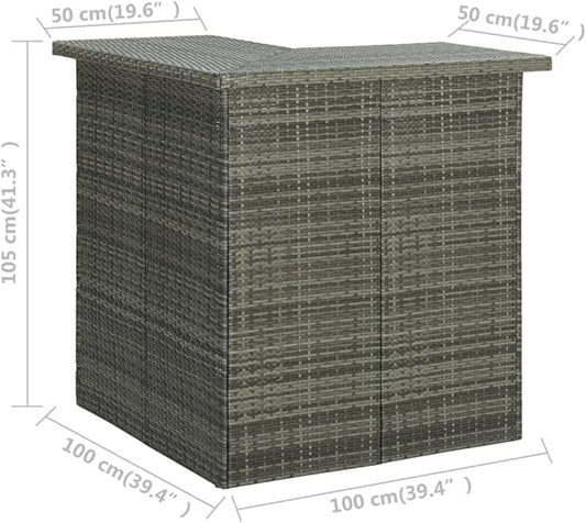 Corner Bar Table for Dining Room Kitchen Rectangular Gray Synthetic Rattan Steel Indoor Outdoor Space Saving Modern Design with 3 Storage Shelves