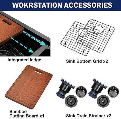 33 Inch Black Farmhouse Sink Undermount Double Bowl, 16 Gauge 50/50 Stainless Steel Apron Front Workstation Far Sink, 33"x20"x10" Large and Deep Kitchen Sink With Accessories