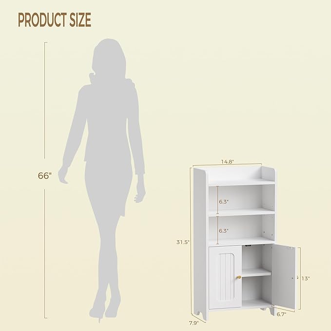 BEWISHOME Bathroom Storage Cabinet, Small Floor Cabinet, Toilet Paper Cabinets with 2 Doors and Shelves, Bathroom Organizers and Storage for Small Spaces, White 7.9" D x 14.6" W x 31" H YYG08W