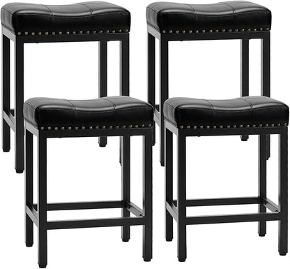 Sweetcrispy 24 inch Bar Stools Set of 4, Upholstered Modern Counter Height Bar Stools for Kitchen Island Modern PU Leather Sadless Stools Chair with Metal Base and Footrest,Black