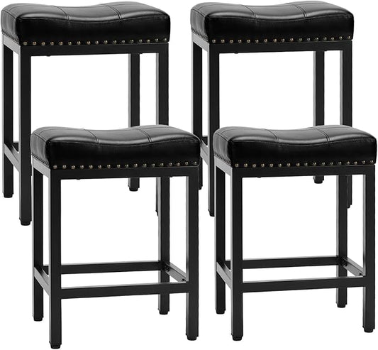 Sweetcrispy 24 inch Bar Stools Set of 4, Upholstered Modern Counter Height Bar Stools for Kitchen Island Modern PU Leather Sadless Stools Chair with Metal Base and Footrest,Black