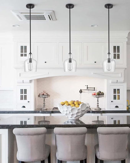 Modern Farmhouse Pendant Lighting for Kitchen Island Glass Black Pendant Light Fixtures Rod-Hung