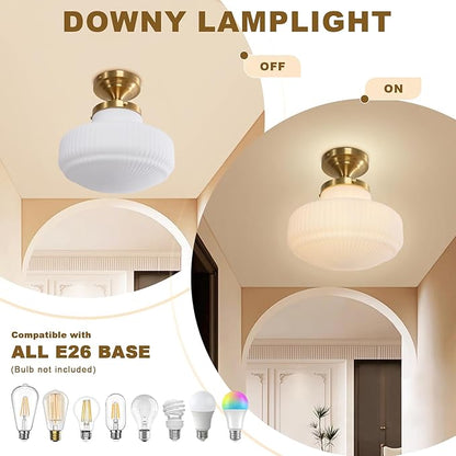 Milk White Glass Flush Mount Ceiling Light Fixture, Mid Century Modern Farmhouse Close to Ceiling Lamp for Bedroom Kitchen Hallway Laundry, Gold Ceiling Lighting