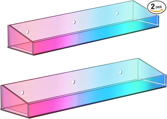 Bakzon 2 Pack Acrylic Shelves for Wall Storage, 15" Floating Shelves, Kids Bookshelf, Nail Polish Holder, Perfume Display Shelf Organizer for Bathroom, Bedroom, Living Room, Iridescent