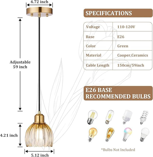 TALOYA Pendant Light 3 Pack with Amber Tulip Glass Lmapshade, Brass Vintage Pendant Light Adjustable Hanging Light for Kitchen Island Bedroom Dining Room Hallway& Bar