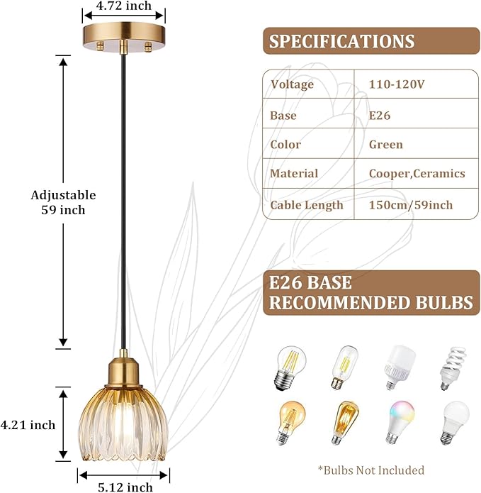 TALOYA Pendant Light with Amber Tulip Glass Lampshade, Brass Vintage Pendant Light Adjustable Hanging Light for Kitchen Island Bedroom Dining Room Hallway& Bar
