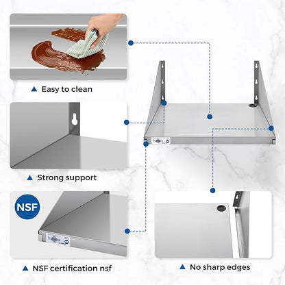 Profeeshaw Stainless Steel Microwave Shelf 18"x24", Heavy Duty Wall Mounted Floating Shelf, NSF Certified Appliance Rack for Commercial & Home Kitchens, Restaurants, Hotels, Bars