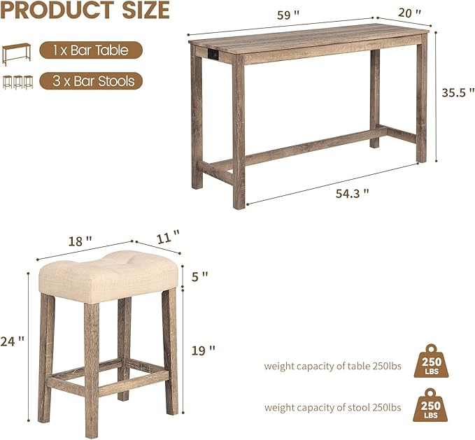 HMFULE 59'' Dining Bar Table and Chairs Set with Power Outlet, 4-Piece Industrial Breakfast Table Set with 3 Padded Stools, Wood Console Table Set for Kitchen Living Room Dining Room, Brown