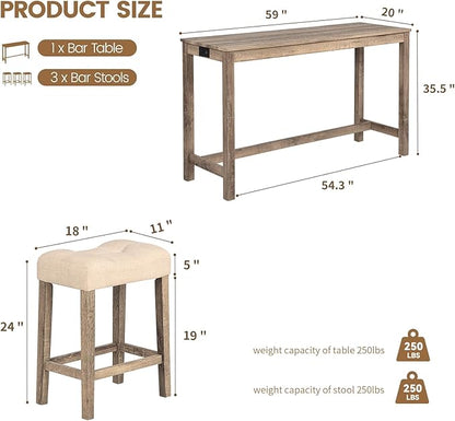 HMFULE 59'' Dining Bar Table and Chairs Set with Power Outlet, 4-Piece Industrial Breakfast Table Set with 3 Padded Stools, Wood Console Table Set for Kitchen Living Room Dining Room, Brown
