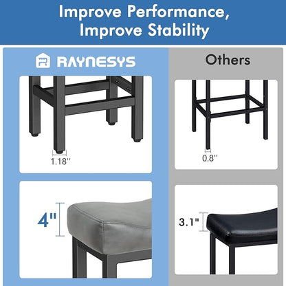 Raynesys Counter Height Bar Stools Set of 3, 24 Inch Barstools for Kitchen Island Counter, Bonded Leather Kitchen Stools with Thick Saddle Seats & Heavy Duty Metal Base, Easy Assembly, Gray/Black