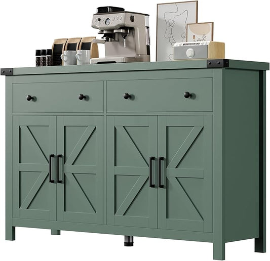 VVFLU Buffet Cabinet with Storage Farmhouse with 4 Doors and 2 Drawers, 55'' Large Kitchen Storage Cabinet Green Wood Coffee Bar Buffet Sideboard for Kitchen, Dining Room, Living Room