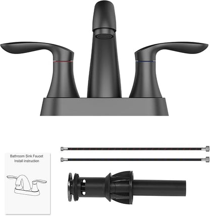 Bathroom Faucet, 4 Inch Bathroom Faucets for Sink 3 Hole, Centerset Bathroom Sink Faucet with Pop Up Drain and cUPC Lead-Free Hose(Matte Black)