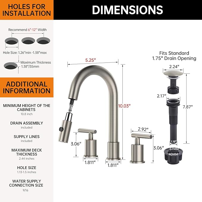 Ryuwanku Brushed Nickel Pull Down Bathroom Faucet with Pop-up Drain, 8 inch Widespread Bathroom Faucet 3 Hole with Pull Down Sprayer 2 Modes, 8'' Brushed Nickel Bathroom Faucet with Supply Lines