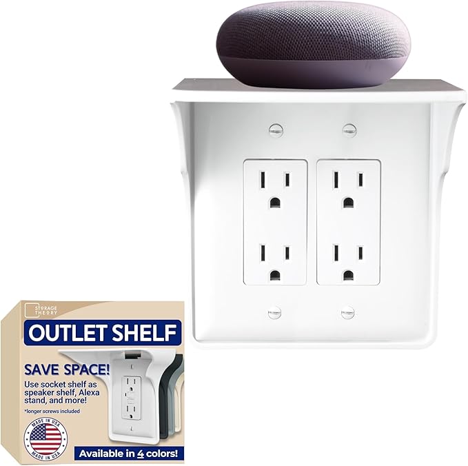 Power Perch Double Wall Outlet Shelf with Cord Storage Strap - Declutter & Reclaim Bedroom Counter Space - Echo Dot Stand, Apple Homepod Shelf, Toothbrush Holder for Bathroom - White, 1-Pack