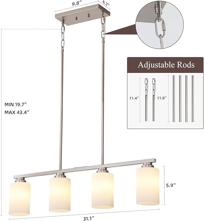Mecgirn Island Light for Kitchen, Brushed Nickel Dining Room Light Fixture Over Table with Milk Glass Shade, 4-Light Linear Chandelier Pendant Lighting for Dining Table Kitchen Island Living Room