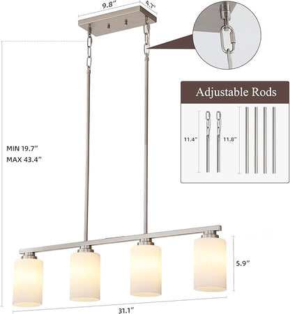Mecgirn Island Light for Kitchen, Brushed Nickel Dining Room Light Fixture Over Table with Milk Glass Shade, 4-Light Linear Chandelier Pendant Lighting for Dining Table Kitchen Island Living Room