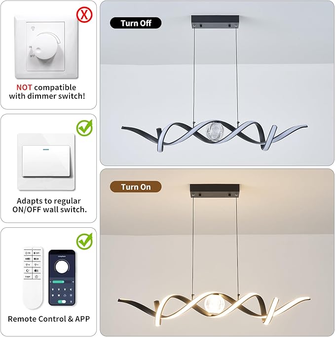 ORANOOR Modern LED Pendant Lights, Dimmable 39'' Spiral Wave LED Chandelier Lighting, Linear Swivel Black Dining Room Hanging Light Fixtures Kitchen Island Pendant Light for Dining Table (2340lm)