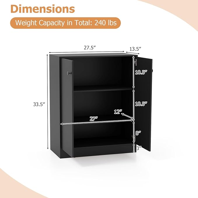 GRAFFY Wood Floor Storage Cabinet - Freestanding Sideboard Cabinet with 2 Doors and 3-Tier Shelves, Modern Storage Organizer for Living Room, Kitchen, Bathroom, Hallway, Dining Room, Entryway (Black)