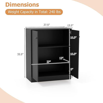 GRAFFY Wood Floor Storage Cabinet - Freestanding Sideboard Cabinet with 2 Doors and 3-Tier Shelves, Modern Storage Organizer for Living Room, Kitchen, Bathroom, Hallway, Dining Room, Entryway (Black)