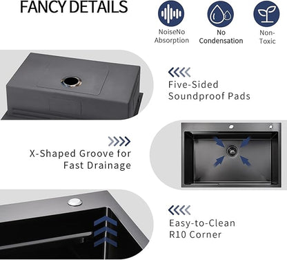 Black Kitchen Sink Modern 33x22 Drop In Kitchen Sink with Faucet Large Gunmetal Black Stainless Steel Sink Single Bowl Workstation Top Mount Kitchen Sinks