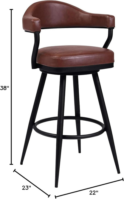 Armen Living Justin Modern Farmhouse 26" Seat Height Swivel Vintage Coffee Faux Leather Bar Stool with Black Metal Legs for Kitchen Island Counter