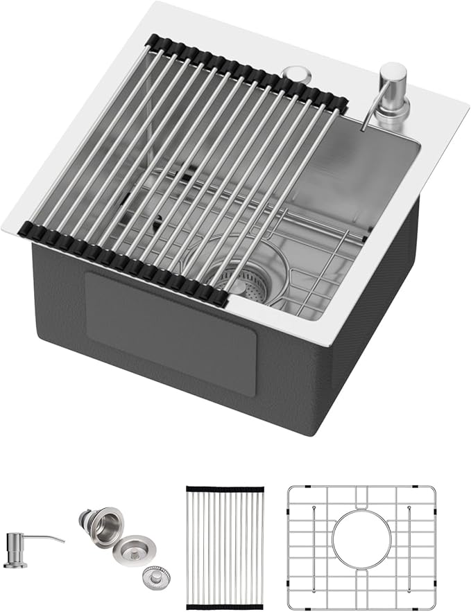Drop in Bar Sink 15x15 Inch 16 Gauge Stainless Steel Handmade Topmount Kitchen Sink Single Bowl - 8 Inches Deep