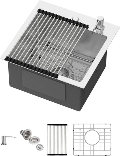 Drop in Bar Sink 15x15 Inch 16 Gauge Stainless Steel Handmade Topmount Kitchen Sink Single Bowl - 8 Inches Deep