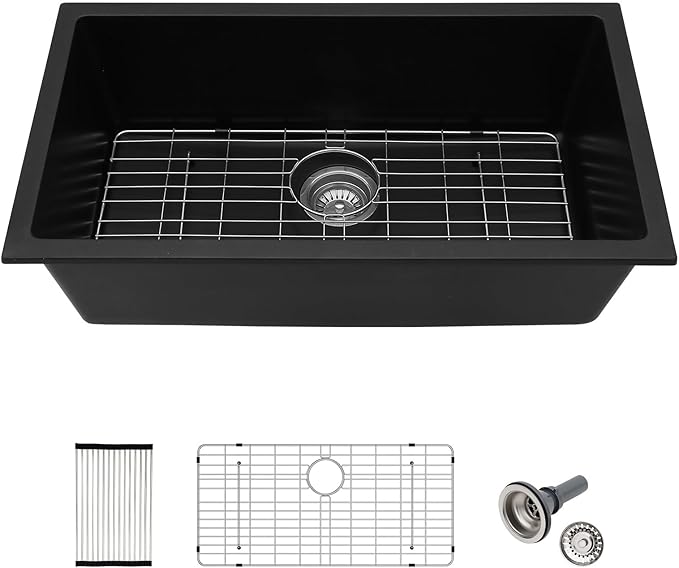 33"x19" Inch Granite Composite Kitchen Sink Matte Black Quartz Undermount Contemporary Single Bowl Kitchen Deep Sink Basin