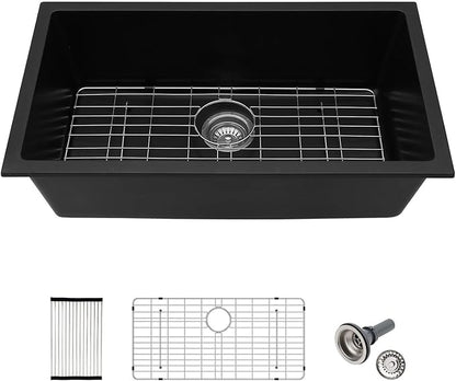 33"x19" Inch Granite Composite Kitchen Sink Matte Black Quartz Undermount Contemporary Single Bowl Kitchen Deep Sink Basin