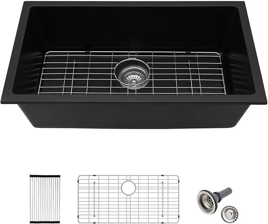 33"x19" Inch Granite Composite Kitchen Sink Matte Black Quartz Undermount Contemporary Single Bowl Kitchen Deep Sink Basin