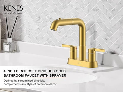 KENES Pull Down Bathroom Faucet with Sprayer, Brushed Gold 4 Inch 2 Handle Centerset Bathroom Faucet 3 Hole with Pull Out Sprayer, Vanity Faucet with Pop Up Drain & Supply Lines LJ-9059A-4