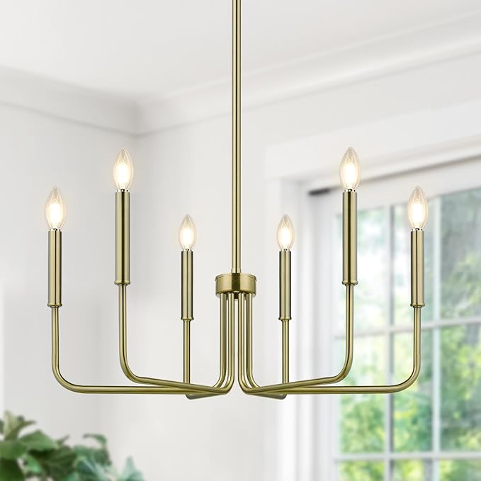 Lynnoland Brass Chandelier, 6-Light Farmhouse Chandeliers for Dining Room Lighting Fixtures Hanging, Vintage Candle Pendant Light Light Fixture for Bedroom, Kitchen, Foyer and Living Room