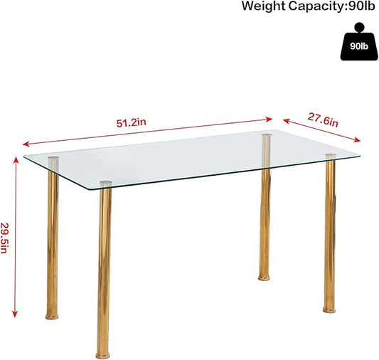 Glass Dining Table for 4-6,Rectangular Dining Room Table with 51.2" Clear Tempered Glass top and Gold Legs for Kitchen, Small Space