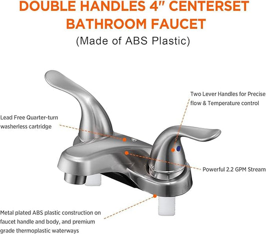 2 Pack Bathroom Sink Faucets 2/3 Hole,Brushed Nickel Dual Handles 4 inch Plastic Plating Over Bathroom Faucet with Pop-up Drain and 2 Supply Hoses for Apartment Rvs Sink Vanity