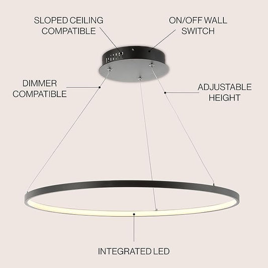 JONATHAN Y 23.75" Matte Black Modern Integrated LED Pendant Light, Dimmable Round Hoop Chandelier for Kitchen Island, Dining Room, Adjustable Height Metal Hanging Light (JYL7203A)