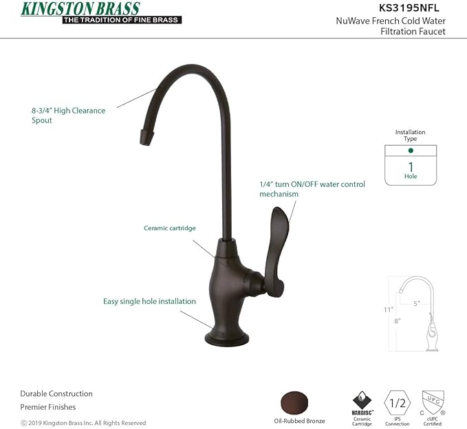 Kingston Brass Gourmetier KS3195NFL Nuwave French Single Handle Water Filtration Faucet, Oil Rubbed Bronze, 10.81 x 4.63 x 1.75