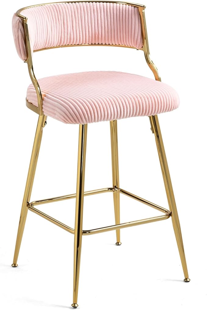 (Set of 2) 26'' Counter heightstools Corduroy Kitchen Island Counter Stool with Back,Golden Chromed Base and footrest,for Living Room