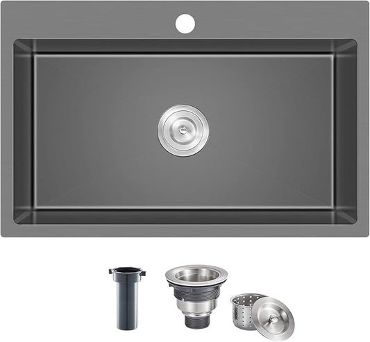 28x18 inch Drop in Kitchen Sink Black - 18 Gauge Top mount Bar Sink Single Bowl, 9 inch Deep T304 Stainless Steel Overmount Sinks Handmade with Strainer