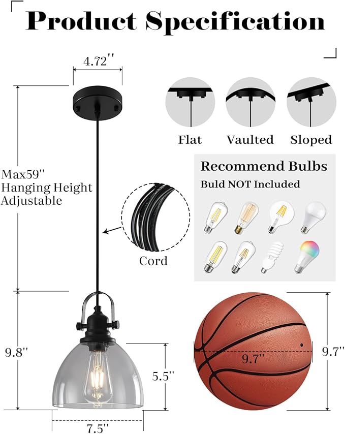 Smoke Gray Glass Pendant Lights Kitchen Island, 7.5 inch Island Pendant Lights for Kitchen, Modern Clear Kitchen Pendant Light 2-Pack, Farmhouse Pendant Lights for Kitchen, Bedroom, Bathroom