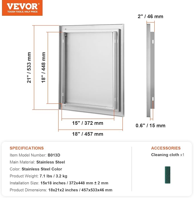 VEVOR Outdoor BBQ Kitchen Door, 18W x 21H Inch Stainless Steel Flush Mount Vertical Door with Recessed Handle, for BBQ Island, Grilling Station, Outside Cabinet